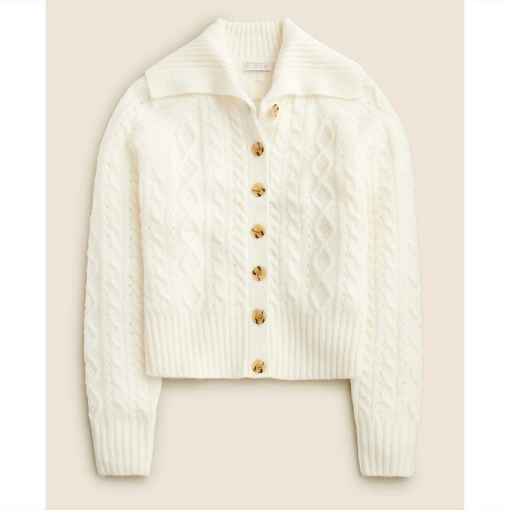 J Crew Collared Cable Knit Cardigan Sweater S White NWT Wool Button CC004 J.Crew